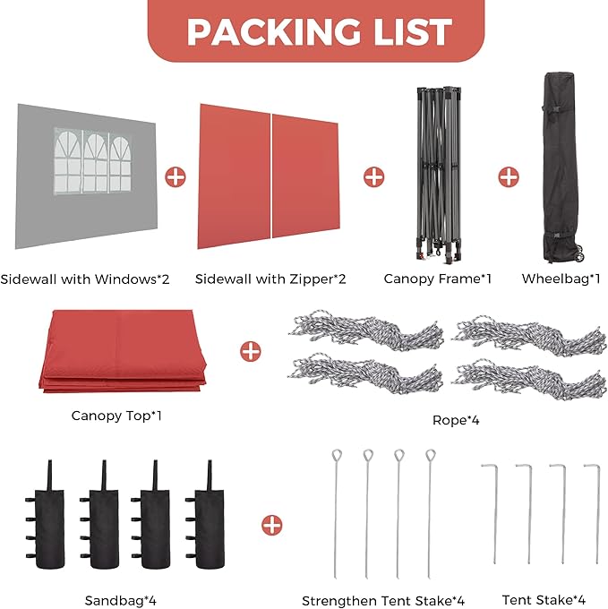 GDY 12x12FT Pop Up Canopy Tent with One Push Setup, Easy to Install with 4-Sidewalls for Events, Parties, Camping, Outdoor Gazebo with 4-Sandbags and Wheel Bag,Red.