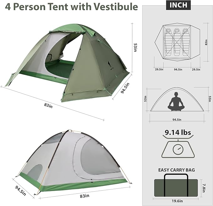GEERTOP 4 Person 4 Season Tent for Camping Waterproof Double Layer Easy Set Up Family Tent for Camping Hiking Backpacking Outdoor Travel