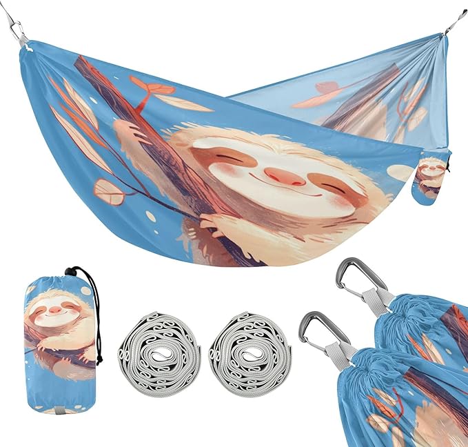 Aesthetic Sloth Blue Hammocks for Camping with Hanging Rope Fabric Hammock for Camping & Hiking Essential