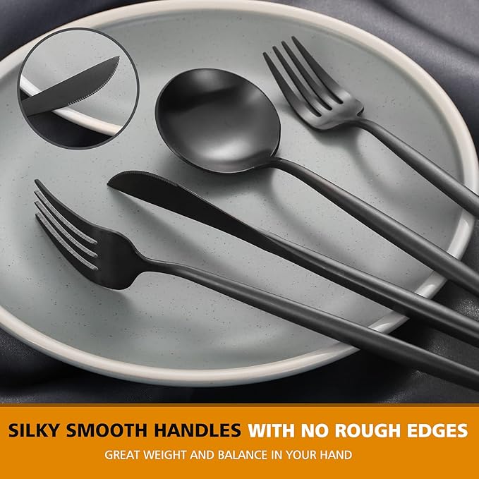 Matte Black Silverware Set, Oliviola 60-Piece Stainless Steel Flatware Cutlery Set Service for 12, Satin Finish Kitchen Utensil Set, Dishwasher Safe