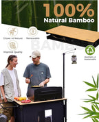KingCamp Bamboo Camp Kitchen Station, Folding Overland Camping Kitchen Table Hooks Portable Outdoor Cooking with Adjustable Lantern Pole & Windshield Storage Organizer for Tailgating BBQ Picnic RV
