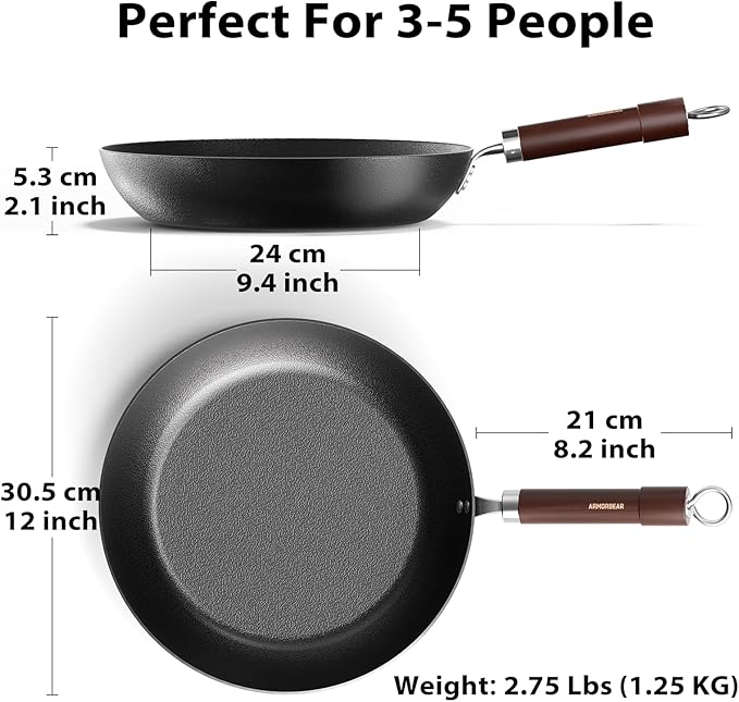 Carbon Steel Frying Pan, Pre-Seasoned 12-Inch Cooking Skillet Wooden Handle, PFAS & PFOA-Free, Nitrided Black Fry Pan for Kitchen, Camping, Chef Use
