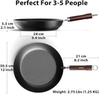 Carbon Steel Frying Pan, Pre-Seasoned 12-Inch Cooking Skillet Wooden Handle, PFAS & PFOA-Free, Nitrided Black Fry Pan for Kitchen, Camping, Chef Use