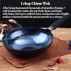 iron wok with lid,12.6 inch woks & stir-fry pans nonstick,chinese traditional pans for open fire,large cookwares,cooking,bbq,grill,camping,blue pre-seasoned round bottom wok (32cm)