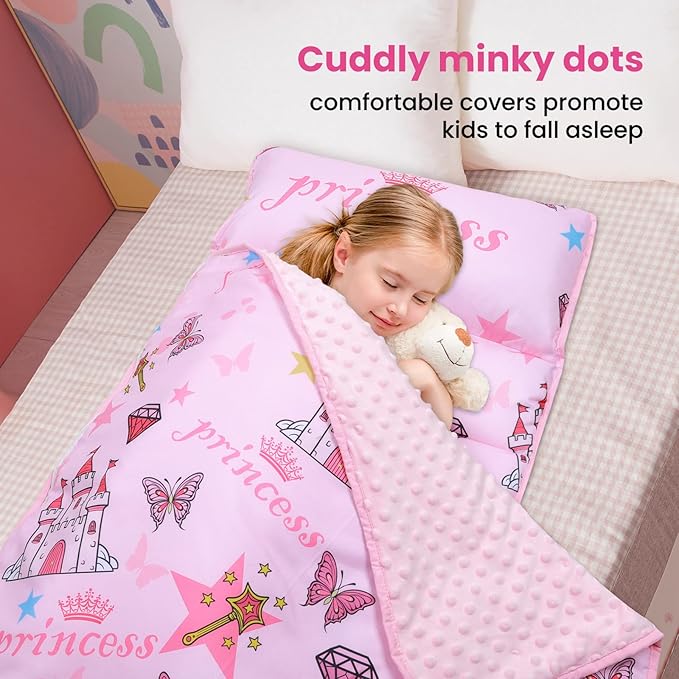 Kids Nap Mat Portable Slumber Bags with Removable Pillow and Blanket for Girls Boys, Lightweight Extra Large Sleeping Bag for Preschool Camping Daycare