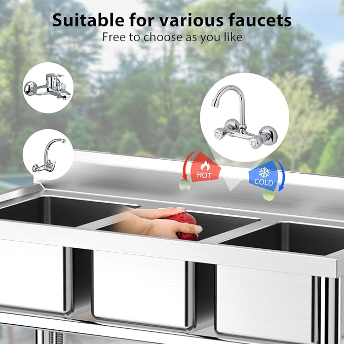 Zstar Stainless Steel Sink, 3-Compartment Freestanding Sink with Hot & Cold Hoses, Commercial Kitchen Utility Sink for Garage, Restaurant, Backyard for Indoor Outdoor (33in)