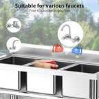 Zstar Stainless Steel Sink, 3-Compartment Freestanding Sink with Hot & Cold Hoses, Commercial Kitchen Utility Sink for Garage, Restaurant, Backyard for Indoor Outdoor (33in)
