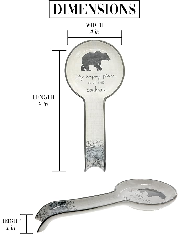 Pavilion Gift Company - At The Cabin - Bear 9" Stoneware Ceramic Spoon Rest Woodsy Outdoorsy Adventure Cabin Camping Camper Camp RV Tent, Gray & White