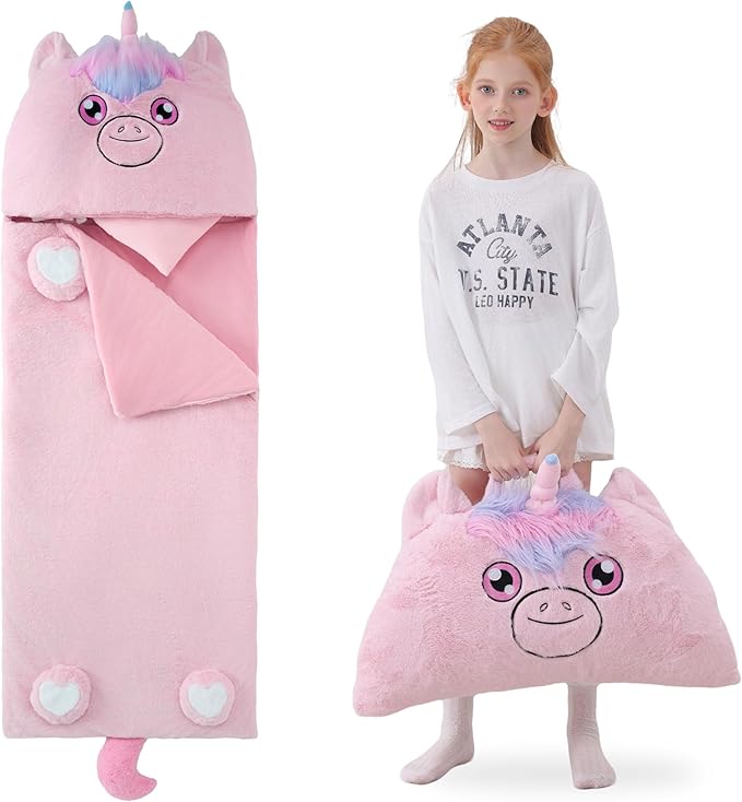 70" 4.2lbs Unicorn Thickened Kids Nap Mat for Preschool, Daycare,Kindergarten,Soft Washable for Boys and Girls, 2-in-1 Stuffed Animals Sleeping Bag and Pillow, Sleep Sack for Toddlers