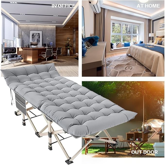 Folding Camping Cot for Adults - Heavy Duty Sleeping Cots with Carry Bag, Double Layer Oxford Portable Travel Camp Cots for Outdoor Camp Beach Home Office (Gold Frame with Gray Pad, 1PACK)