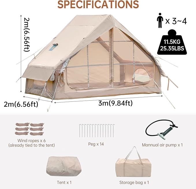 Inflatable Camping Tent with Hand Pump Waterproof Outdoor Blow up Tent 2-8 Person Oxford 4 Season Glamping Air Tent Cabin House with Mesh Windows & Door