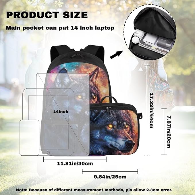 Galaxy Backpack for Men Wolf Bookbag with Lunch Bag Insulated Lightweight Polyester School Bag for Outdoor Camping Travel Casual Book Bag Daypack