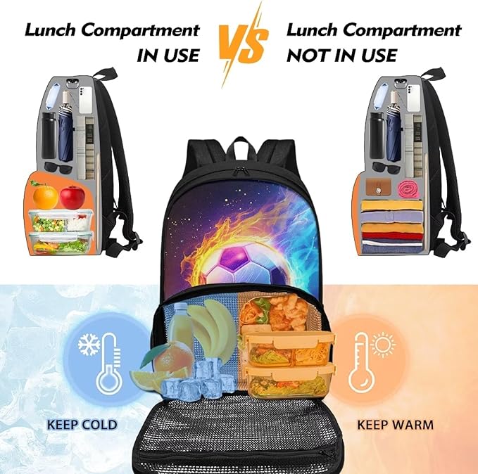 Orange & Blue Fire Soccer Insulated Cooler Lunch Bag Backpack Fashion Laptop Backpack Computer Bag Meal Prep Backpack for Picnic College Travel Kids School Bookbag