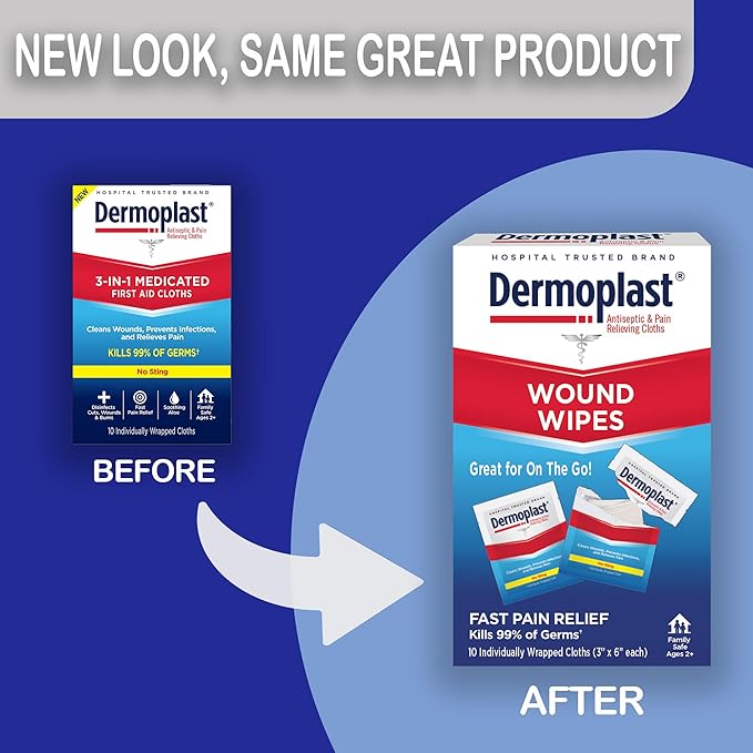 Dermoplast Wound Wipes, Medicated Antiseptic Wipes, First Aid Cloths, Analgesic for Minor Cuts, Scrapes and Burns on The Go, Sting Free Formula, 10 Individual Cloths (Packaging May Vary)