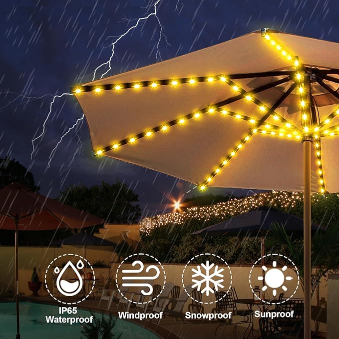 ZNYCYE Patio Umbrella Solar Lights with 8 Lighting Modes - Upgraded Larger Solar Panel Clip 5V 152 LEDs Umbrella Lights Outdoor Waterproof for Patio Beach Tent Camping Garden Decor, Warm White