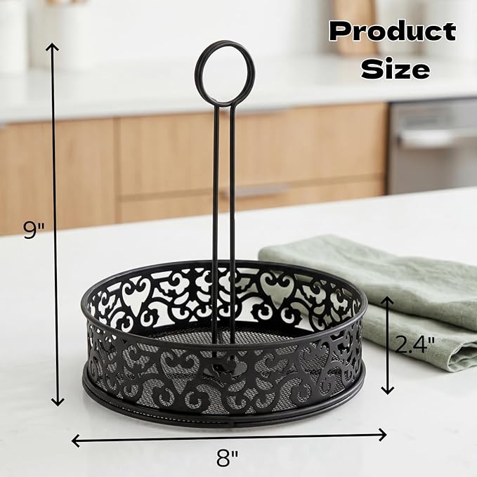 Lyellfe 2 Pack Condiment Caddy, Restaurant Table Caddy with Menu Number Card Holder, Metal Black Decorative Carved Tabletop Seasoning Organizer for Grill Outdoors, Kitchen Cabinet, Camping