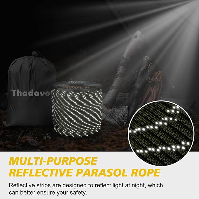 Reflective Parachute Rope 850Ib, 50/100/200/500/1000ft 4MM 11 Strand Paracord Cords, Tactical Paracord String for Camping, Fishing, Hammock, Tent & Survival Bracelet, Army Green 1000FT