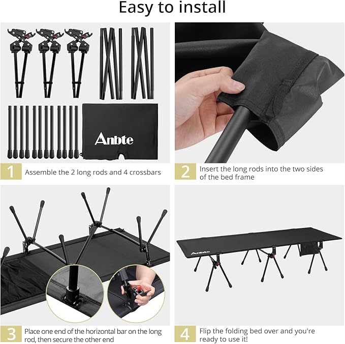 Anbte Height Adjustable Camping Cot with Storage Net & Bag, Support up to 400lbs Comfortable Portable Cots for Adult Folding Bed for Camping Hiking Travel Truck Beach Office Nap, Black