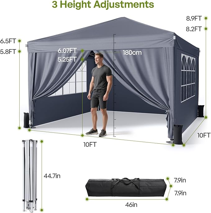 10x10 Pop Up Canopy with Sidewalls, Outdoor Instant Canopy Tent with Carry Bag for Commercial Events, Camping, Backyard Parties - Dark Grey