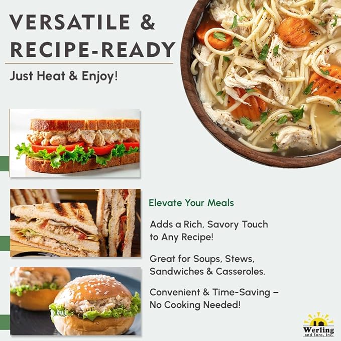 Werling & Sons Canned Chicken 28 Oz– Fully Cooked, Ready to Eat | Premium Quality, Recipe-Ready Canned Meat | 5-Year Shelf Life | Pantry Staple for Camping, Survival & Emergency Use | Made in USA | Pack of 12