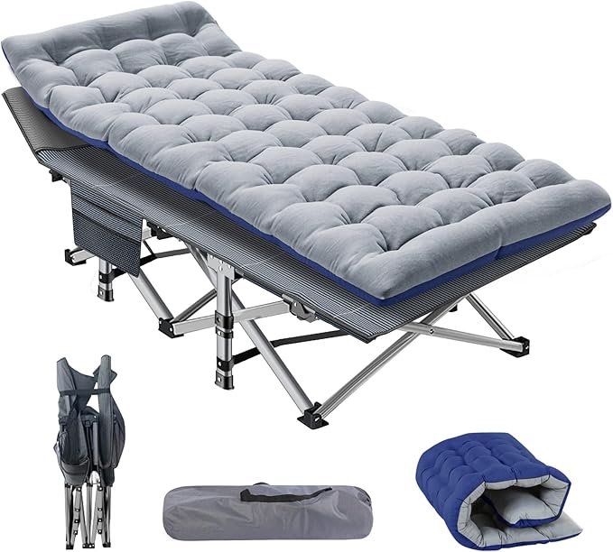 NAIZEA Folding Camping Cot for Adults, Heavy Duty Sleeping Cot with Mattress, Portable Military Cot, Double Layer Oxford Strong Heavy Duty Sleeping Cots with Carry Bag for Camp Office Use