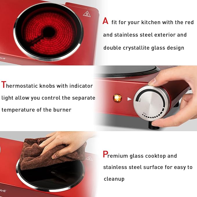 Techwood Double Hot Plates for Cooking, 1800W Electric Stove Infrared Ceramic Countertop Burner with Dual Adjustable Temperature & Glass Cooktop for Home/RV/Camp, Compatible for All Cookwares, Red