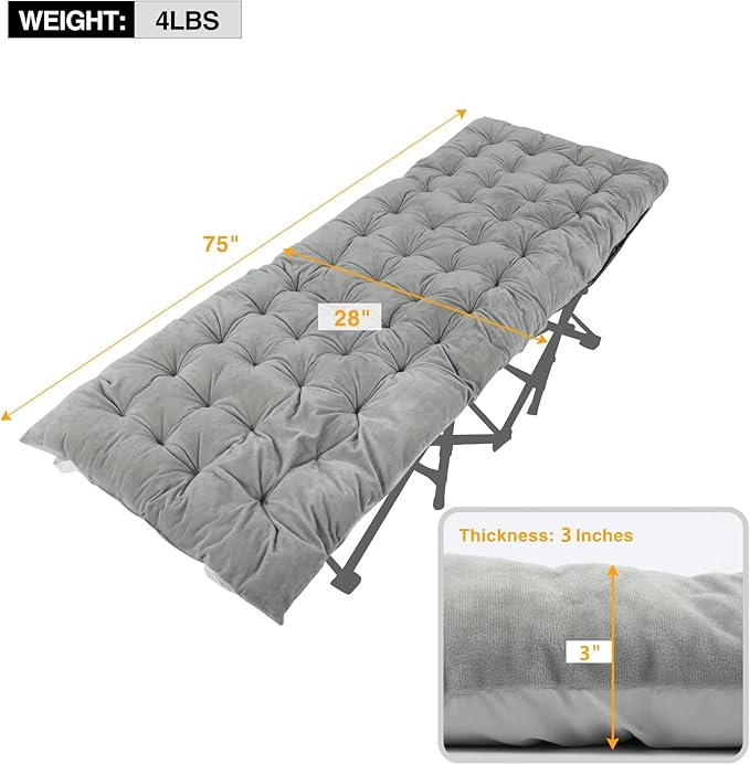 REDCAMP Extra Thick Folding Sleeping Cot Pads, 75"x28"Comfortable Soft Velvet Cotton Camping Cot Mattress Pad for Hiking, Backpacking,Navy Gray Brown