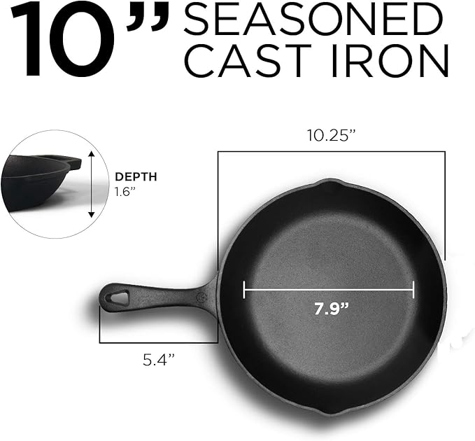 Commercial CHEF 10-Inch Cast Iron Sauté Skillet, Pre-Seasoned Cast Iron, Integrated Hanging Hole in Handle, Works on All Cooktops Including Induction, Outdoor Skillet for Campfires or Grills, CHFL10