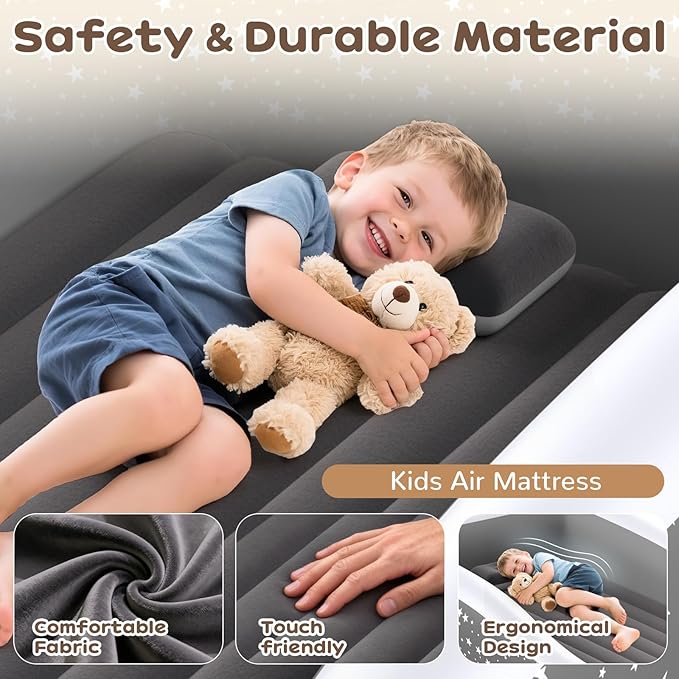 Inflatable Toddler Air Mattress with Built-in Pump - 67 Inches Safety Four Side Inflatable Toddler Travel Bed - Portable Toddler Bed for Outdoor Camping - Easy to Inflate, Deflate and Clean, Grey
