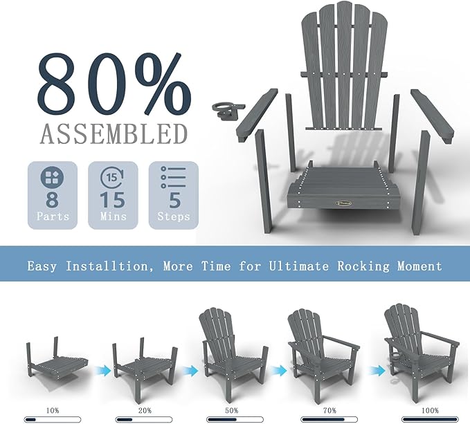 Stackable Adirondack Chair Set of 8, HDPE All-Weather Adirondack Chairs - Durable and Space Saving, Plastic Outdoor Fire Pit Chairs with Cup Holder,Grey