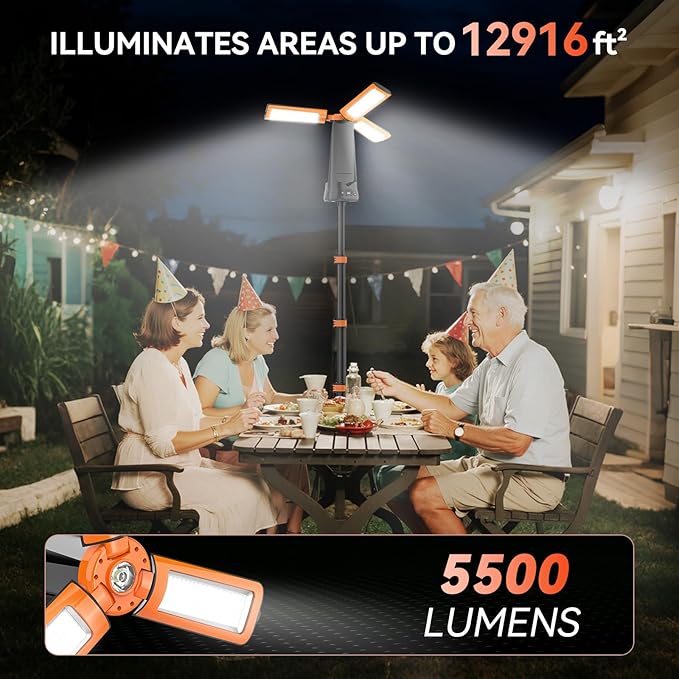 15000 mAh Rechargeable Camping Light with Stand, Cordless Work Light with 3 LED Lamp Heads, 5500 Lumens Dimmable Camping Essentials Gear Emergency Flashlight with 86" Detachable Tripod, Orange