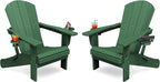 KINGYES Folding Adirondack Chair Set of 2, Dual Cup Holders & All-Weather HDPE, Wood-Like Patio Chair for Backyard, Camping, Pool & Fire Pit, Dark Green