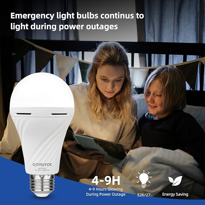 Rechargeable Emergency Light Bulbs, 4 Pack Battery Powered LED Light Bulb with 9W Daylight E27 6500K 1800mAh, Equivalent Self-Charging LED Light Bulbs for Home Power Outage Camping Hurricane Hiking