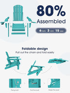 KINGYES Folding Adirondack Chair with Dual Cup Holders - HDPE All-Weather Outdoor Chairs, Wood-Like Patio Chair for Backyard, Camping, Pool & Fire Pit, Aruba