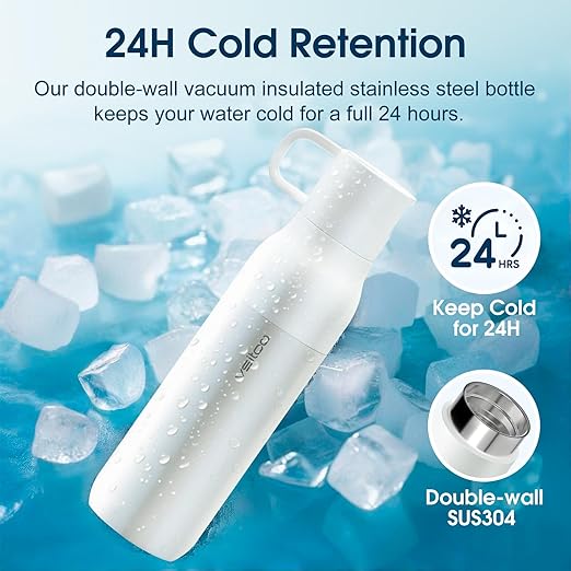 Vsitoo 25oz Insulated Stainless Steel Filtered Water Bottle for Travel and Everyday Use ，5-Stage 0.01μm Ultra-Strong Filtration，Reusable，Improves Taste，for Hiking, Cycling, Gym & Outdoor Use，White