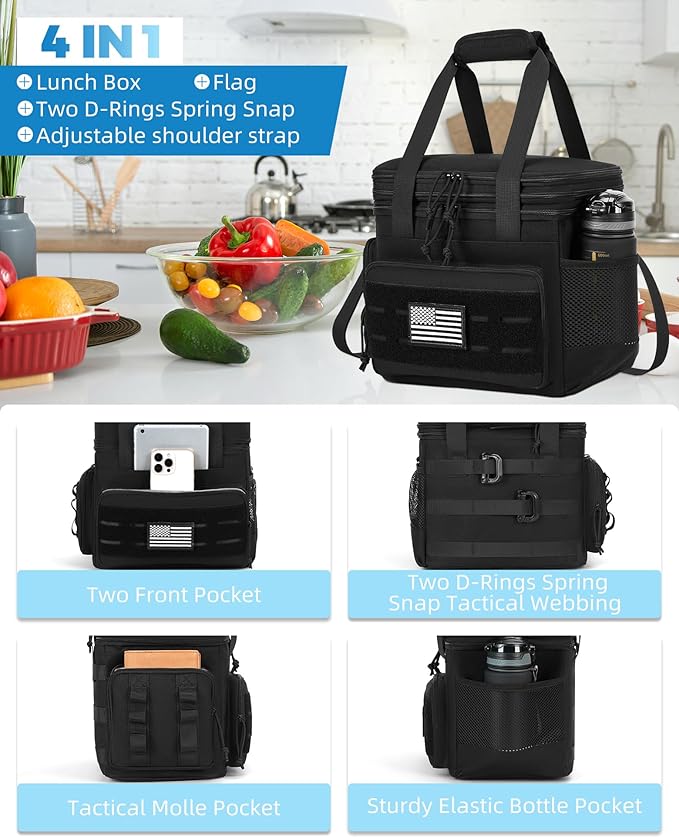 Tactical Lunch Bag & Lunch Box for Men - Large Double Deck Expandable Insulated Soft Adult Lunchbox for Work - Cooler Bag for Beach, Picnic, Camping,Outdoor，Travel (Black,16L)