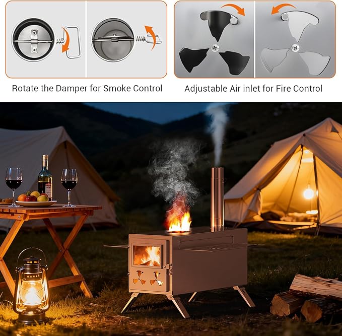 Upgraded Wood Burning Sauna Hot Tent Stove, 2 in 1 Tent Wood Burning Stove with Chimney Pipe for Outdoor Camping Heating, Camping, Hunting, Heating, Cooking, Ice Fishing, Boiling Water