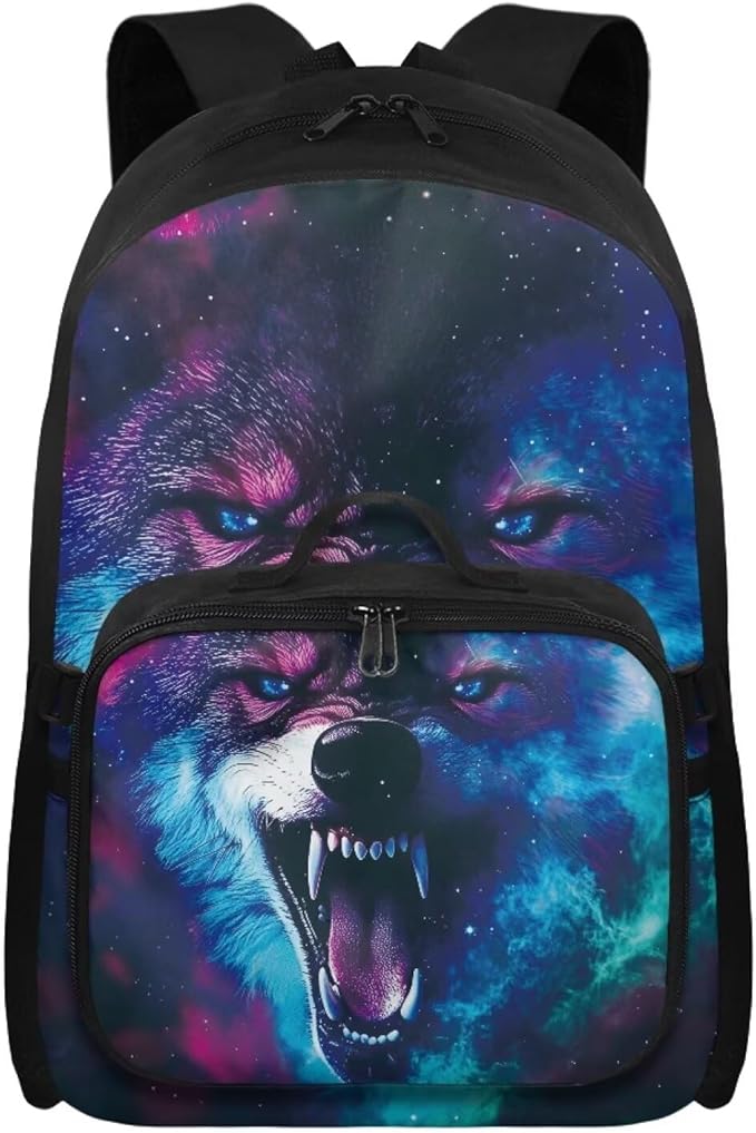Wolf Universe Backpack with Lunch Box for Men Cool School Bag for Teen Boys Insulated Lunch Bag for Outdoor Polyester Bookbag for Travel Camping