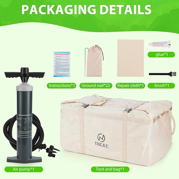 Nice C Inflatable Tent for Camping, Glamping Tent for Adults, Blow Up Tents, with Air Pump, 2-in-1 Air Valve, Chimney Opening, Waterproof, Windproof, Easy Set Up