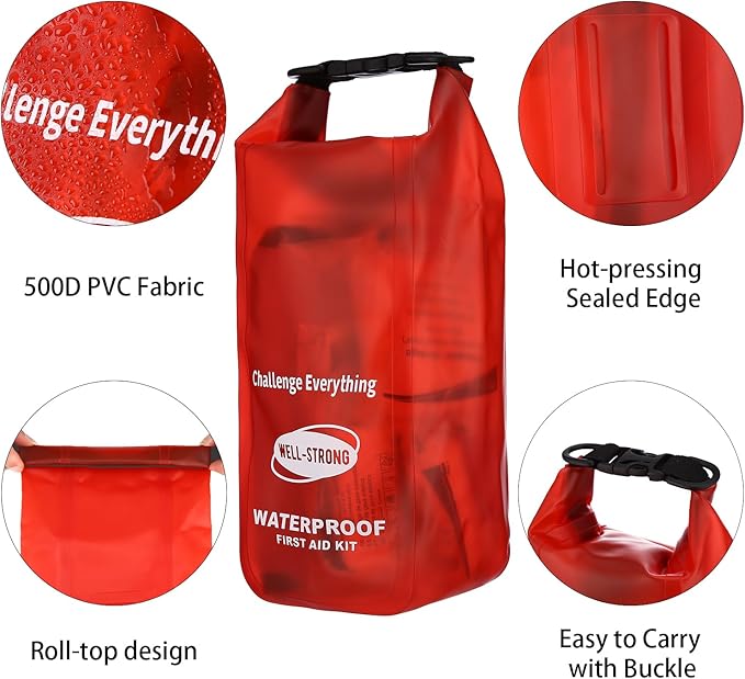Boat First Aid Kit Waterproof, WELL-STRONG Marine Emergency Kit with Roll Top Dry Bag for Boating Fishing Kayaking – Water-Resistant Contents for Camping & Beach（Transparent Red）