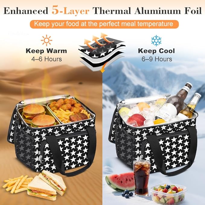 Coobiiya Large Expandable Insulated Lunch Bag Cooler Bag，12-23L Lunch Box for Men Double Deck Leakproof，Heavy Duty LunchBag Cooler Bags for Camping, Travel, Kayaking & Beach