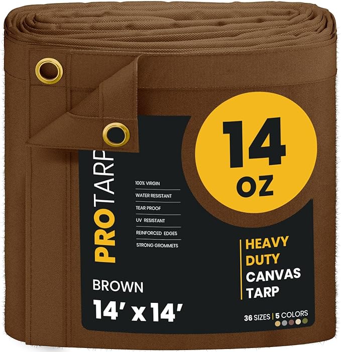 PROTARP Heavy Duty 14 OZ Water Resistant Canvas Tarp, UV Resistant Tarpaulin Cover with Rustproof Brass Grommets, Multipurpose for Canopy, Roof, Camping, Woodpile (Brown 14'X14')