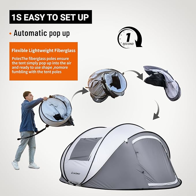 EchoSmile Instant Pop Up Camping Tent, 2/4/6 Person, Easy Setup Tent, Water Resistant Dome, Portable with Carry Bag