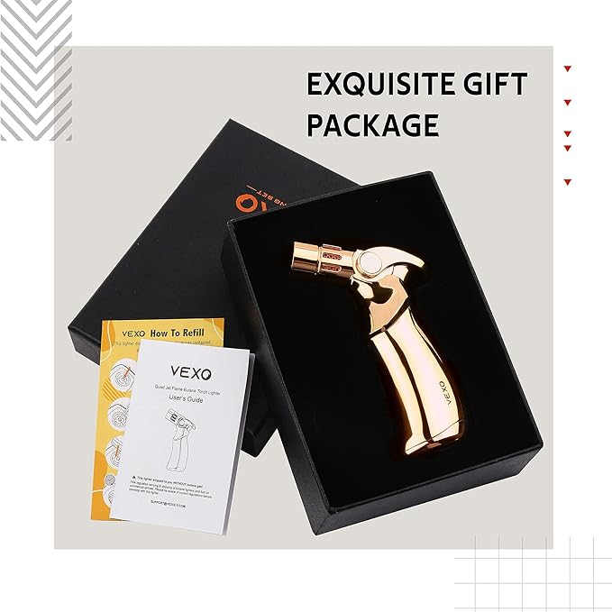VEXO-Mini4 Torch Lighter Quad 4 Jet Flame Windproof Butane Refill Portable Lighter for Grill BBQ Candle Camping, Gift Idea (Butane NOT Included) (Glod)