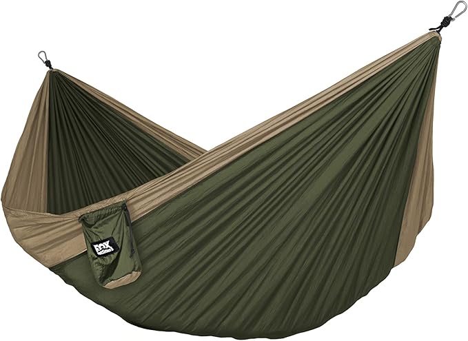 Fox Outfitters Neolite Double Camping Hammock - Lightweight Portable Nylon Parachute Hammock for Backpacking, Travel, Beach, Yard. Hammock Straps & Steel Carabiners Included (Khaki/Olive Green)