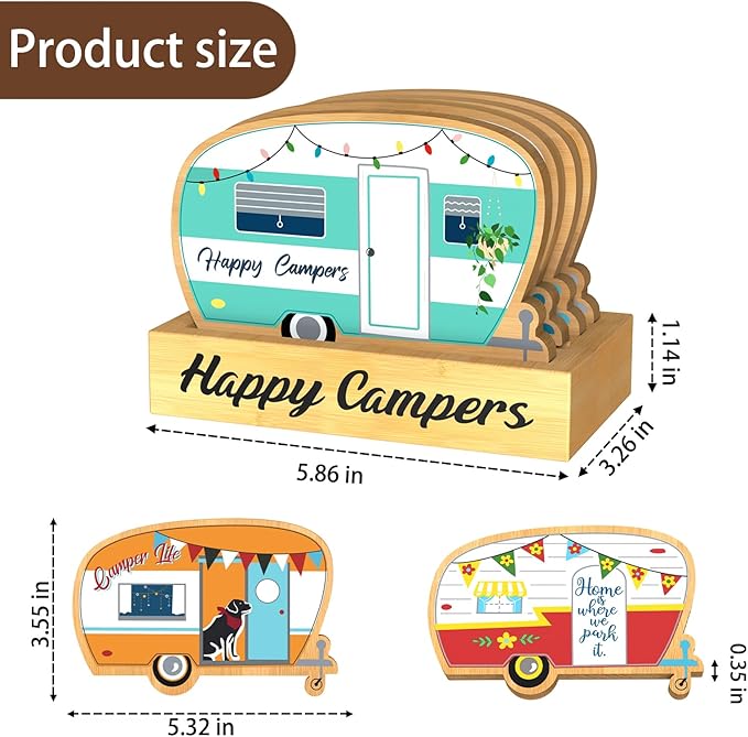 4Pcs RV Camper Coasters Set, Camper Decor, Bamboo Coasters Set Suitable for Kinds of Cups, Modern Style Coasters for Coffee Table, Camping Gifts for Camper Lovers Women Men