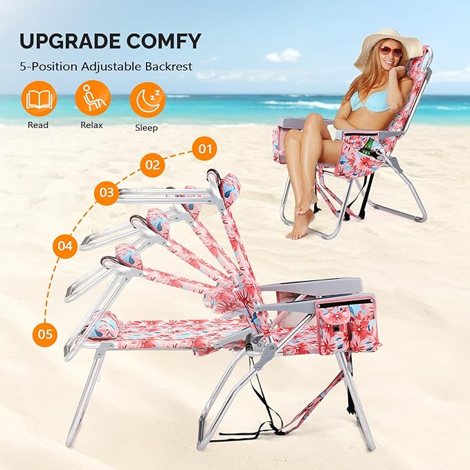 VINGLI Tall Beach Chair 2 Pack Lightweight, Backpack Beach Chair for Adults with 5-Position, Cooler Bag, Cup Holders, Towel Bar, Lightweight Folding Beach Camping Chairs