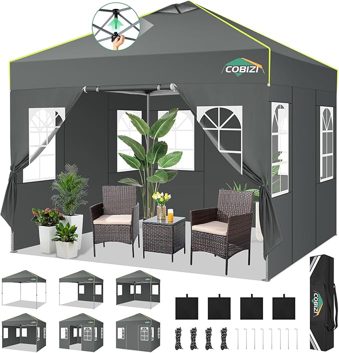 COBIZI 10x10 Pop Up Canopy Tent, Outdoor Party Tent with 4 Sidewall One Push Setup Glow, 3 Adjustable Height Air Vent Waterproof UPF50+, Bag, 4 Sandbag, 8 Stake, 4 Rope for Beach, Commercial