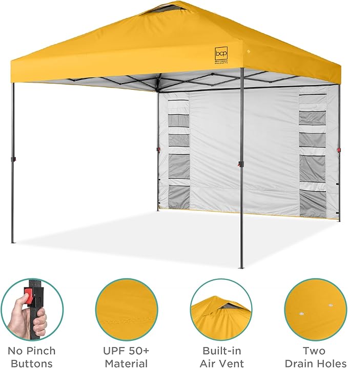 Best Choice Products 10x10ft Pop Up Canopy Tent with Sidewall, 1 Person 1 Minute Set Up, Carry Case, 4 Weight Bags - Marigold