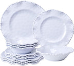 White Beaded Melamine Dinnerware Set, 18 piece Dishwasher Safe Plates and Bowls for Dining, Parties, Camping Dish Set